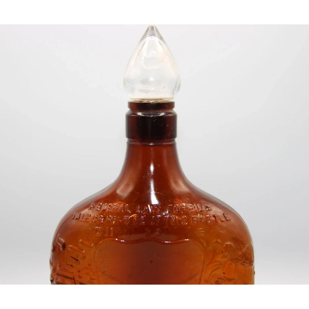 Vintage Amber Glass Pirate Ship One Pint Flask Bottle with Flame Stopper 11.5in